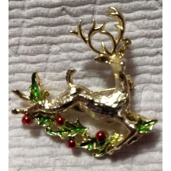 Women Jewelry Flying Reindeer w Holly Goldtone Pin 2.5" Christmas Brooch - Picture 2 of 3